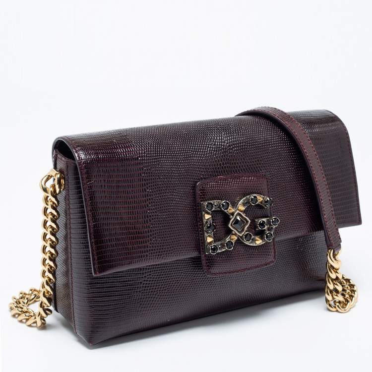 Pre Owned Dolce & Gabbana Burgundy Iguana Embossed Leather DG Millennials Shoulder Bag