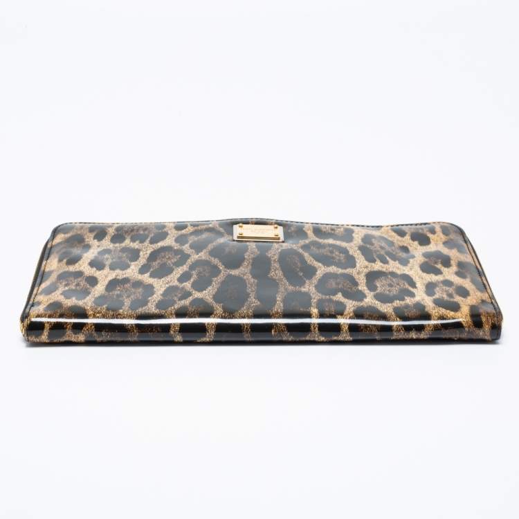 Pre Owned Dolce & Gabbana Brown/Black Leopard Print Patent Leather Oversized Clutch