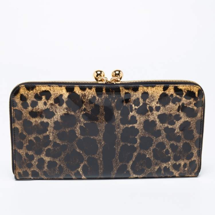Pre Owned Dolce & Gabbana Brown/Black Leopard Print Patent Leather Oversized Clutch