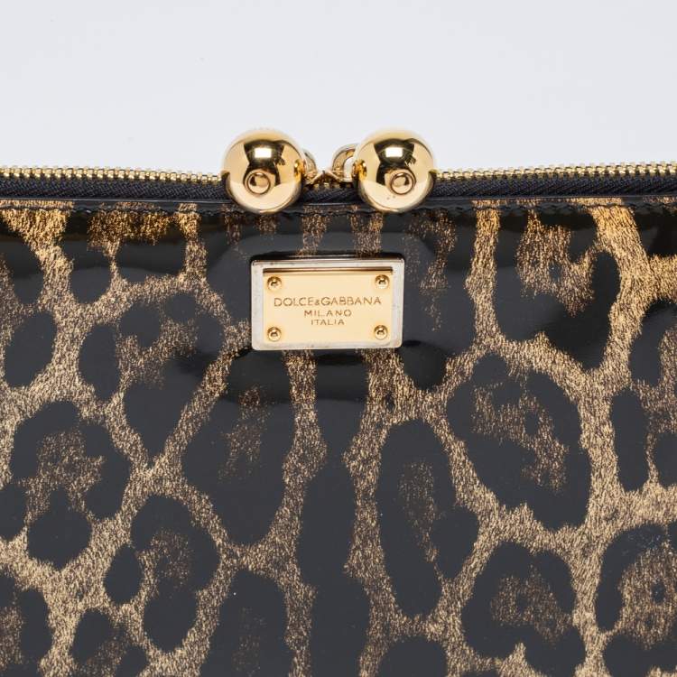 Pre Owned Dolce & Gabbana Brown/Black Leopard Print Patent Leather Oversized Clutch
