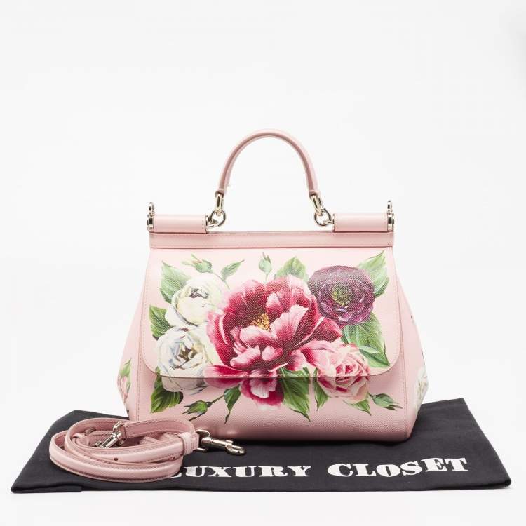 Pre Owned Dolce & Gabbana Pink Floral Print Leather Medium Miss Sicily Top Handle Bag