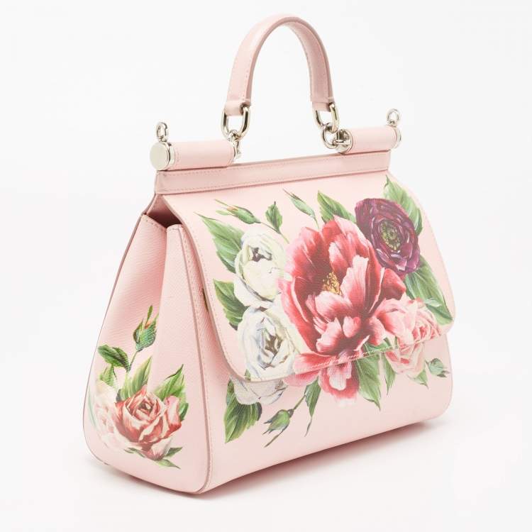 Pre Owned Dolce & Gabbana Pink Floral Print Leather Medium Miss Sicily Top Handle Bag