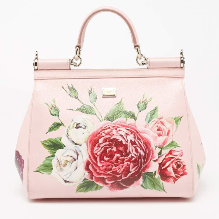 Pre Owned Dolce & Gabbana Pink Floral Print Leather Medium Miss Sicily Top Handle Bag
