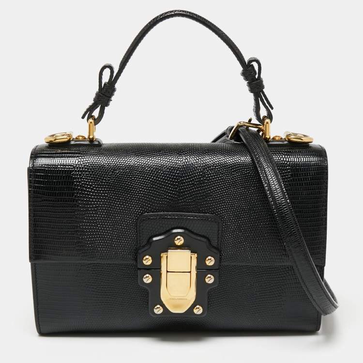 Pre Owned Dolce & Gabbana Black Iguana Embossed Leather Lucia Top Handle Bag