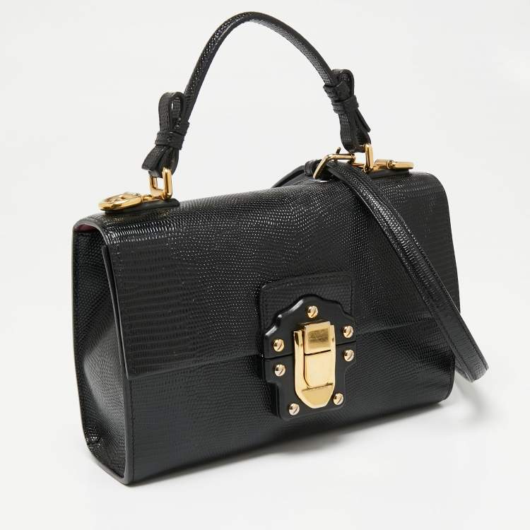 Pre Owned Dolce & Gabbana Black Iguana Embossed Leather Lucia Top Handle Bag