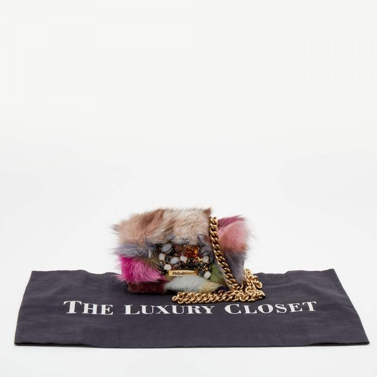 Pre Owned Dolce & Gabbana Multicolor Faux Fur Crystal Embellished Miss Stone Crossbody Bag