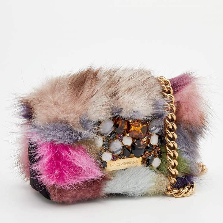 Pre Owned Dolce & Gabbana Multicolor Faux Fur Crystal Embellished Miss Stone Crossbody Bag