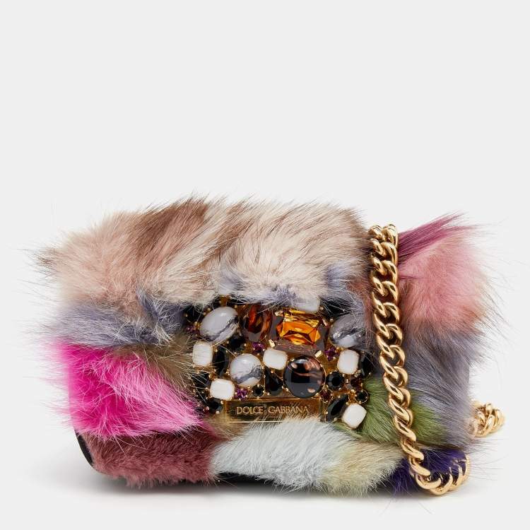 Pre Owned Dolce & Gabbana Multicolor Faux Fur Crystal Embellished Miss Stone Crossbody Bag