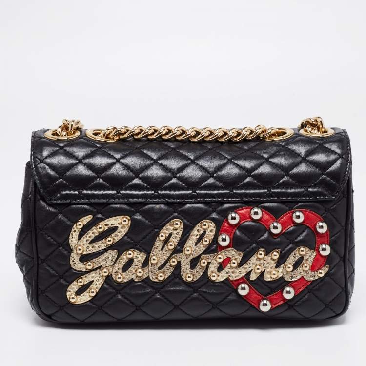 Pre Owned Dolce & Gabbana Black Quilted Leather Lucia Embellished Shoulder Bag