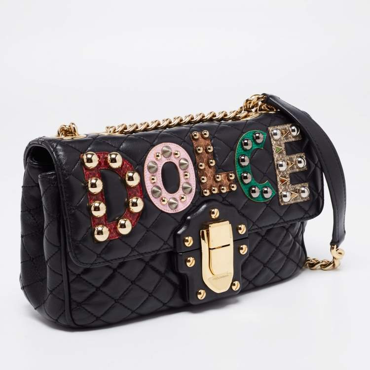 Pre Owned Dolce & Gabbana Black Quilted Leather Lucia Embellished Shoulder Bag