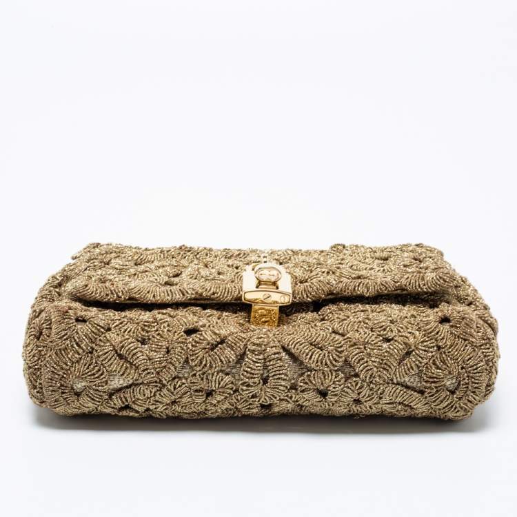 Pre Owned Dolce & Gabbana Gold Lurex Fabric Padlock Shoulder Bag