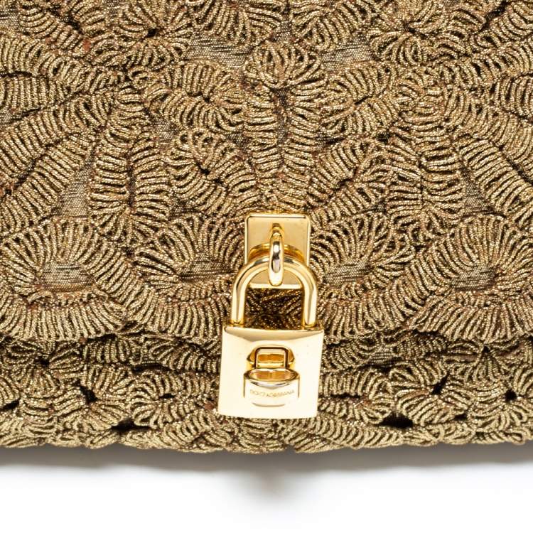 Pre Owned Dolce & Gabbana Gold Lurex Fabric Padlock Shoulder Bag
