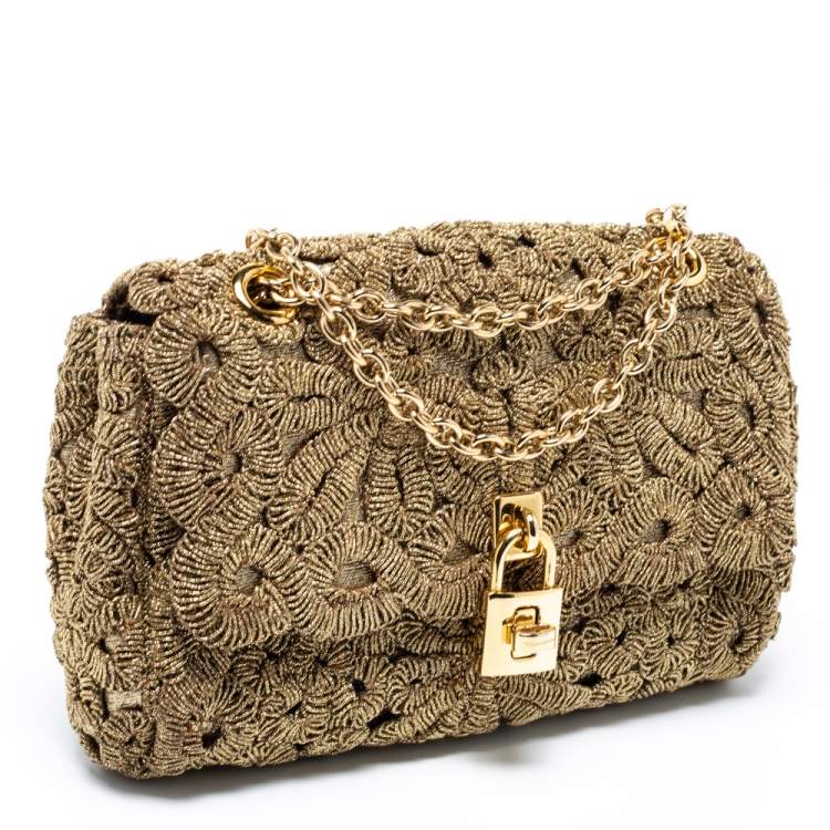 Pre Owned Dolce & Gabbana Gold Lurex Fabric Padlock Shoulder Bag