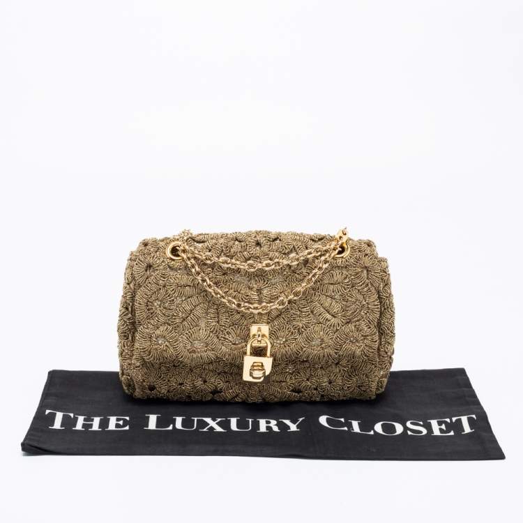 Pre Owned Dolce & Gabbana Gold Lurex Fabric Padlock Shoulder Bag