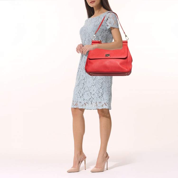 Pre Owned Dolce & Gabbana Red Leather Large Miss Sicily Top Handle Bag