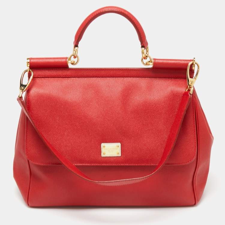 Pre Owned Dolce & Gabbana Red Leather Large Miss Sicily Top Handle Bag