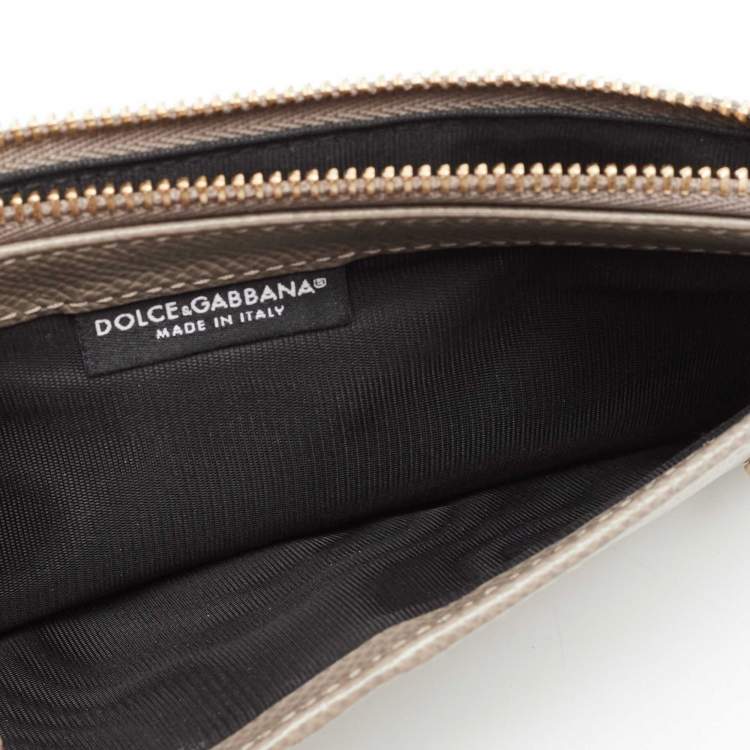 Pre Owned Dolce & Gabbana Beige Leather Crystal Embellished Logo Zipped Card Holder