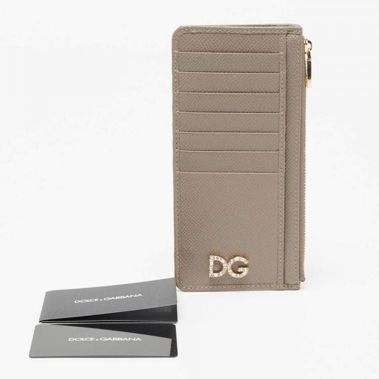 Pre Owned Dolce & Gabbana Beige Leather Crystal Embellished Logo Zipped Card Holder