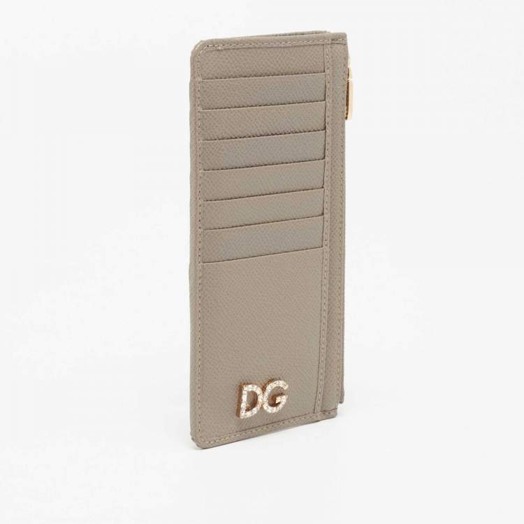 Pre Owned Dolce & Gabbana Beige Leather Crystal Embellished Logo Zipped Card Holder