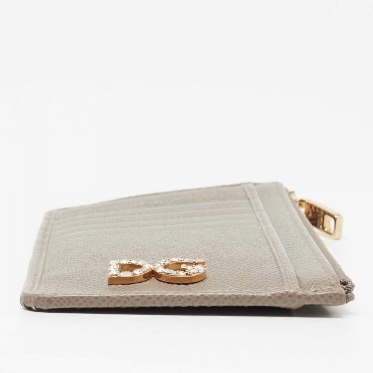 Pre Owned Dolce & Gabbana Beige Leather Crystal Embellished Logo Zipped Card Holder