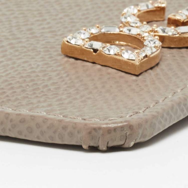Pre Owned Dolce & Gabbana Beige Leather Crystal Embellished Logo Zipped Card Holder
