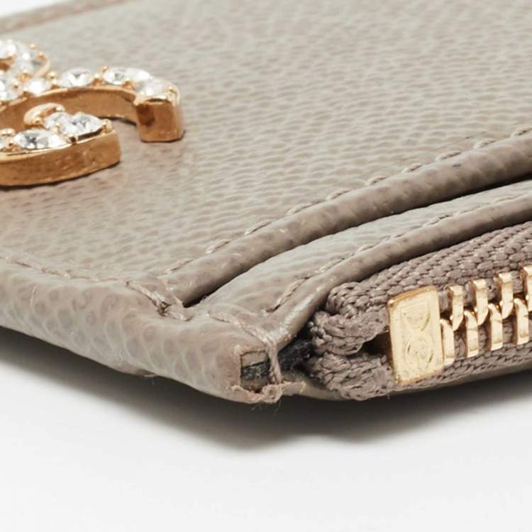 Pre Owned Dolce & Gabbana Beige Leather Crystal Embellished Logo Zipped Card Holder