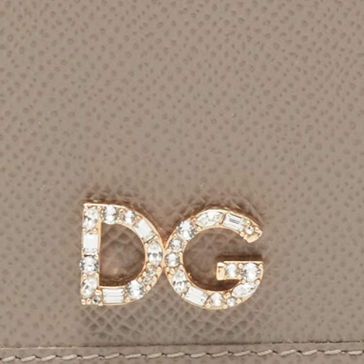 Pre Owned Dolce & Gabbana Beige Leather Crystal Embellished Logo Zipped Card Holder
