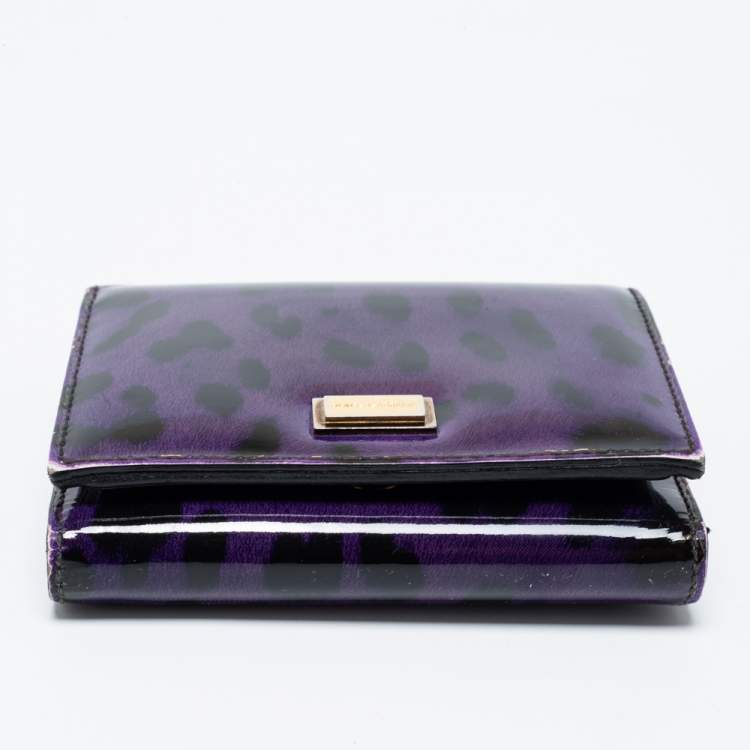 Pre Owned Dolce & Gabbana Purple Leopard Print Patent Leather Trifold Wallet