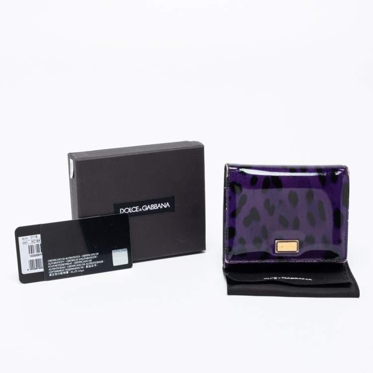 Pre Owned Dolce & Gabbana Purple Leopard Print Patent Leather Trifold Wallet