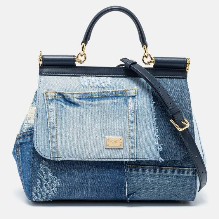 Pre Owned Dolce & Gabbana Blue Denim and Leather Medium Miss Sicily Top Handle Bag