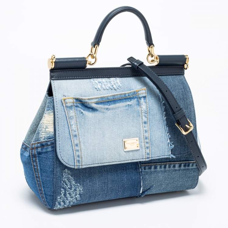 Pre Owned Dolce & Gabbana Blue Denim and Leather Medium Miss Sicily Top Handle Bag