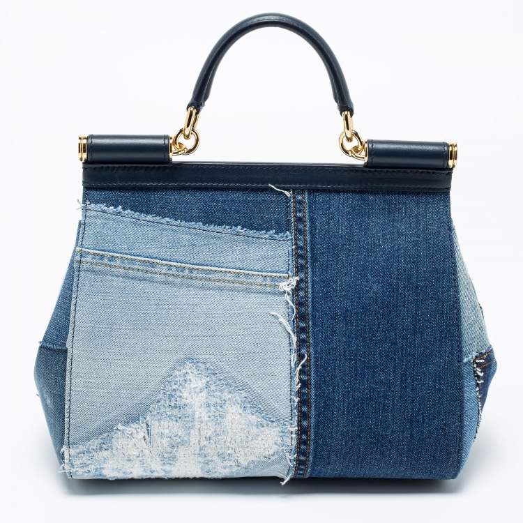 Pre Owned Dolce & Gabbana Blue Denim and Leather Medium Miss Sicily Top Handle Bag