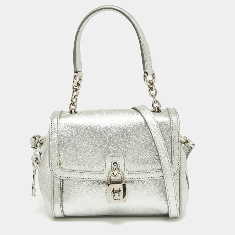 Pre Owned Dolce & Gabbana Metallic Silver Leather Padlock Shoulder Bag