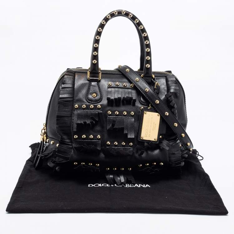 Pre Owned Dolce & Gabbana Black Leather Fringed Studded Satchel