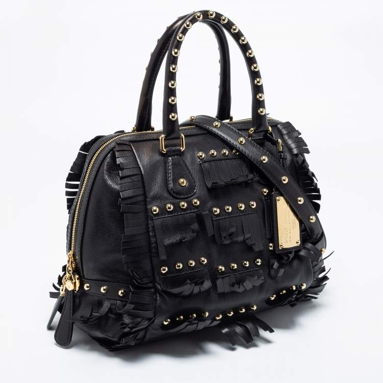 Pre Owned Dolce & Gabbana Black Leather Fringed Studded Satchel