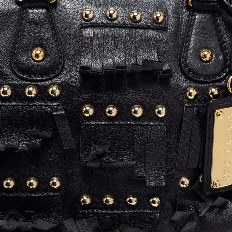 Pre Owned Dolce & Gabbana Black Leather Fringed Studded Satchel