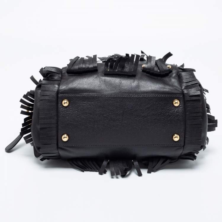 Pre Owned Dolce & Gabbana Black Leather Fringed Studded Satchel