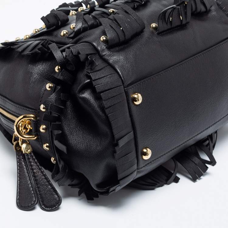 Pre Owned Dolce & Gabbana Black Leather Fringed Studded Satchel