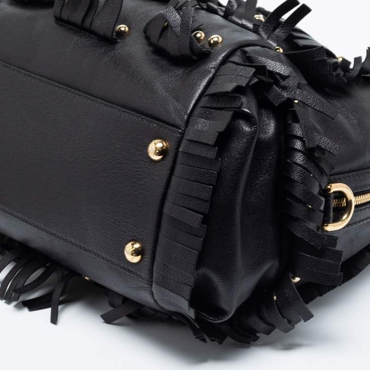 Pre Owned Dolce & Gabbana Black Leather Fringed Studded Satchel