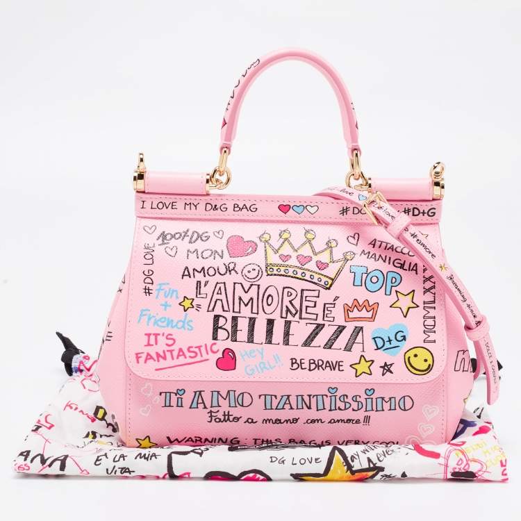 Pre Owned Dolce & Gabbana Pink Printed Leather Small Miss Sicily Top Handle Bag