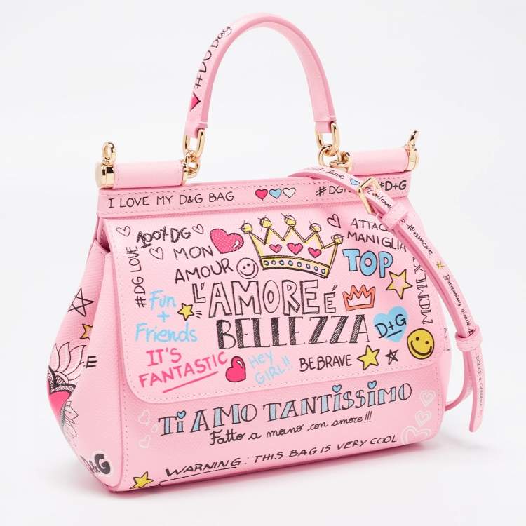 Pre Owned Dolce & Gabbana Pink Printed Leather Small Miss Sicily Top Handle Bag