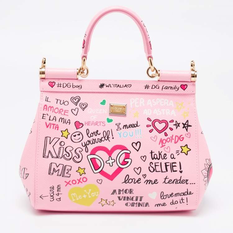 Pre Owned Dolce & Gabbana Pink Printed Leather Small Miss Sicily Top Handle Bag