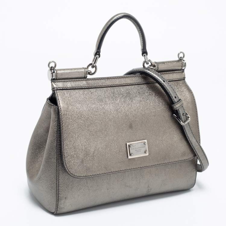 Pre Owned Dolce & Gabbana Gun Metal Leather Medium Miss Sicily Top Handle Bag