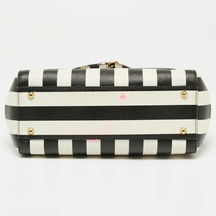 Pre Owned Dolce & Gabbana Black/White Striped Leather Medium Miss Sicily Top Handle Bag