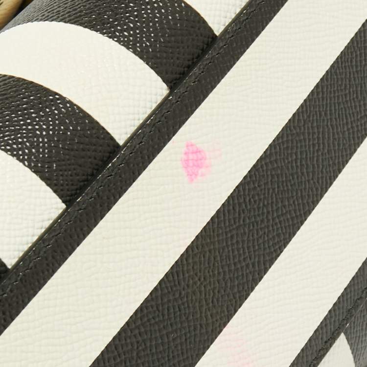 Pre Owned Dolce & Gabbana Black/White Striped Leather Medium Miss Sicily Top Handle Bag