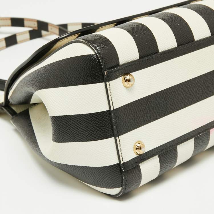 Pre Owned Dolce & Gabbana Black/White Striped Leather Medium Miss Sicily Top Handle Bag
