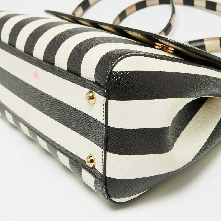 Pre Owned Dolce & Gabbana Black/White Striped Leather Medium Miss Sicily Top Handle Bag