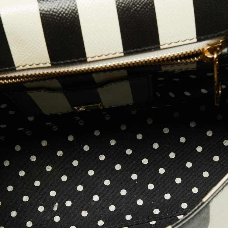 Pre Owned Dolce & Gabbana Black/White Striped Leather Medium Miss Sicily Top Handle Bag
