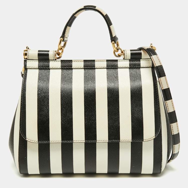 Pre Owned Dolce & Gabbana Black/White Striped Leather Medium Miss Sicily Top Handle Bag