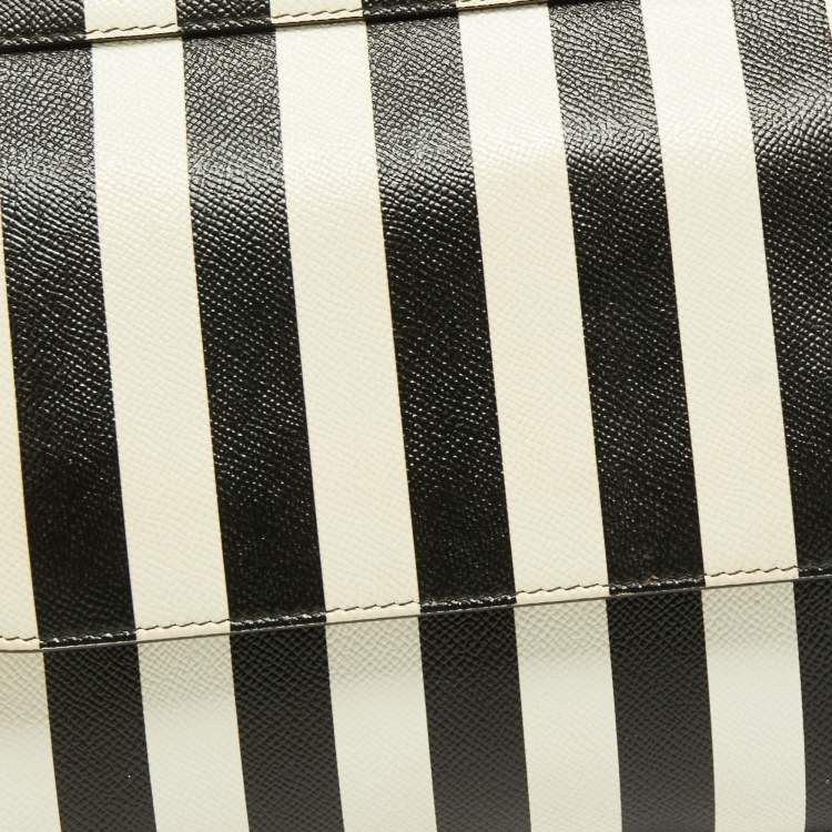 Pre Owned Dolce & Gabbana Black/White Striped Leather Medium Miss Sicily Top Handle Bag